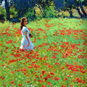 Painting titled "a girl in a clearing" by Dmitrii Pashkov, Original Artwork, Oil