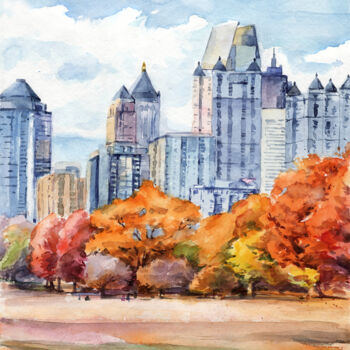 Painting titled "Autumn city landsca…" by Dmitriy Shvetsov, Original Artwork, Watercolor