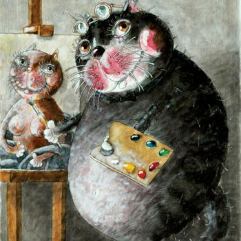 Ζωγραφική με τίτλο "КОТ-ХУДОЖНИК" από Dmitriy Trubin, Αυθεντικά έργα τέχνης, Ακουαρέλα
