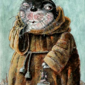 Pintura intitulada "кот монах/cat moine…" por Dmitriy Trubin, Obras de arte originais, Aquarela