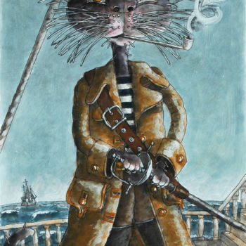 Ζωγραφική με τίτλο "КОТ-ПИРАТ НА ПАЛУБЕ" από Dmitriy Trubin, Αυθεντικά έργα τέχνης, Ακουαρέλα