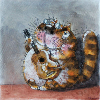 Картина под названием "Кот с гитарой" - Dmitriy Trubin, Подлинное произведение искусства, Акварель