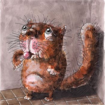 Картина под названием "Кот и конфетка" - Dmitriy Trubin, Подлинное произведение искусства, Акварель