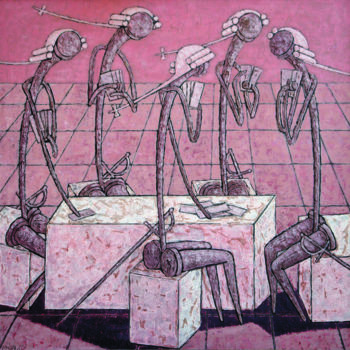 Malerei mit dem Titel "ПЯТЬ ИГРОКОВ В КАРТЫ" von Dmitriy Trubin, Original-Kunstwerk