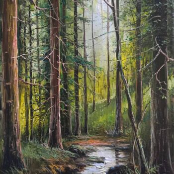 Painting titled "Forest River Landsc…" by Dmitry Barabash, Original Artwork, Oil