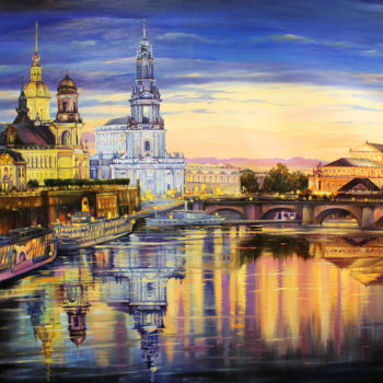 Painting titled ""The evening lights…" by Dmitry King, Original Artwork, Oil