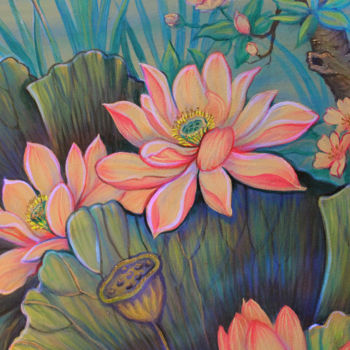 Printmaking titled "Lotus Flowers" by Dmitry King, Original Artwork, Digital Print Mounted on Wood Stretcher frame