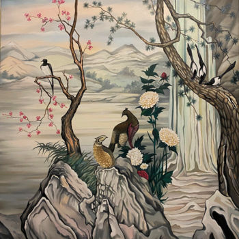 Malarstwo zatytułowany „Japanese sakura and…” autorstwa Dmitry King, Oryginalna praca, Srebrny nadruk