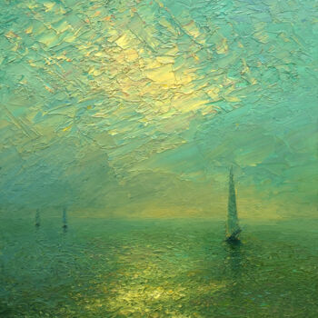 Painting titled "Evening sea 3" by Dmitry Oleyn, Original Artwork, Oil Mounted on Wood Stretcher frame