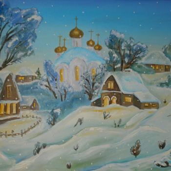 Painting titled "Church in winter or…" by Dmytro Basiuk, Original Artwork, Oil