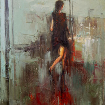 Malarstwo zatytułowany „Summer rain, street…” autorstwa Dmytro Boykov, Oryginalna praca, Olej Zamontowany na Drewniana rama…