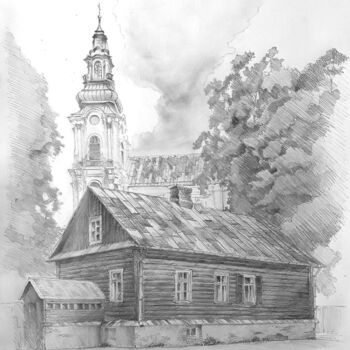 Zeichnungen mit dem Titel "Log house" von Dmytro Koptyev, Original-Kunstwerk, Bleistift