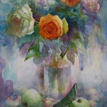 Schilderij getiteld "Autumn roses" door Anna Dobrodii, Origineel Kunstwerk, Aquarel