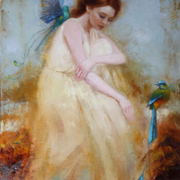 Painting titled "Райская птица" by Anna Dobrodii, Original Artwork, Oil Mounted on Wood Stretcher frame