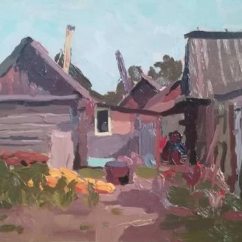 Peinture intitulée "In the backyard. Au…" par Evgenii Chekhunov, Œuvre d'art originale, Huile