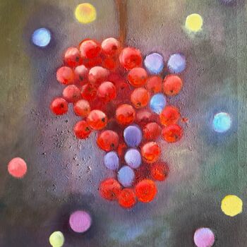 Painting titled "Red berries" by Dolgor Dugarova (Dolgor Art), Original Artwork, Oil Mounted on Wood Stretcher frame