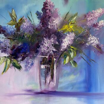 Painting titled "Lilac bouquet" by Dolgor Dugarova (Dolgor Art), Original Artwork, Oil Mounted on Wood Stretcher frame