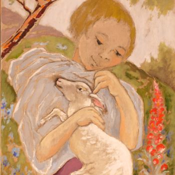 Pittura intitolato "Enfant à l'agneau.j…" da Dominique Bertrand, Opera d'arte originale, Olio