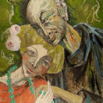 Painting titled "Couple (fond vert).…" by Dominique Bertrand, Original Artwork, Oil