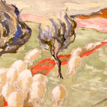 Pintura titulada "Moutons dans le vent" por Dominique Bertrand, Obra de arte original, Oleo