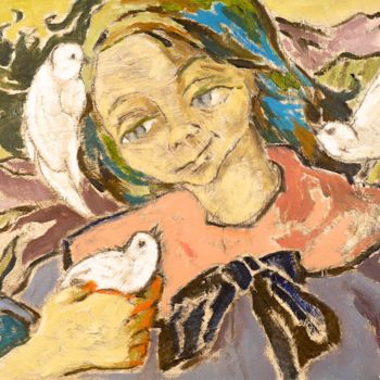 Картина под названием "L'enfant aux colomb…" - Dominique Bertrand, Подлинное произведение искусства, Масло