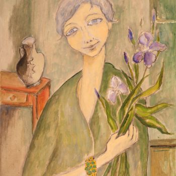 Painting titled "La femme aux iris" by Dominique Bertrand, Original Artwork, Oil