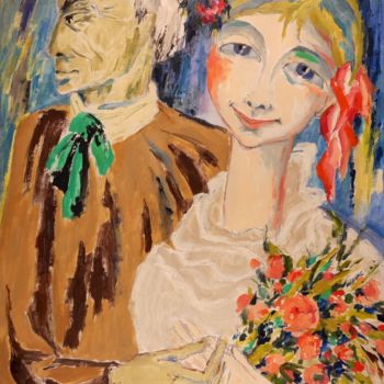 Painting titled "Couple et fleurs" by Dominique Bertrand, Original Artwork, Oil