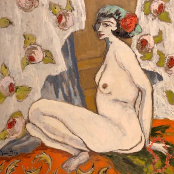 Pintura intitulada "Nu au rideau de ros…" por Dominique Bertrand, Obras de arte originais, Óleo