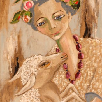 Painting titled "Femme à l'agneau (2)" by Dominique Bertrand, Original Artwork, Oil