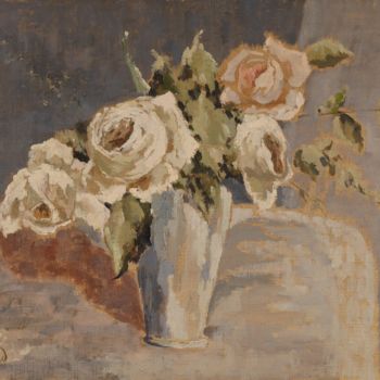 Painting titled "Le vase de roses" by Dominique Bertrand, Original Artwork, Oil