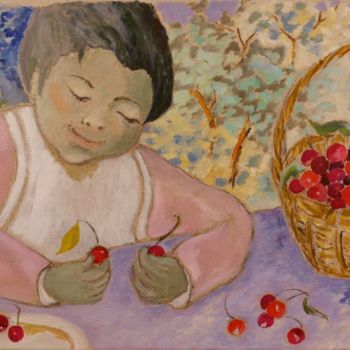 Pintura titulada "L'enfant aux cerise…" por Dominique Bertrand, Obra de arte original, Oleo
