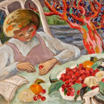 Pintura intitulada "Enfant aux cerises" por Dominique Bertrand, Obras de arte originais, Óleo