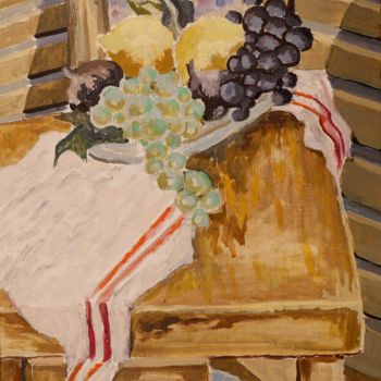 Pittura intitolato "Torchon et fruits s…" da Dominique Bertrand, Opera d'arte originale, Olio