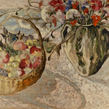 Pittura intitolato "Bouquet et fruits d…" da Dominique Bertrand, Opera d'arte originale, Olio