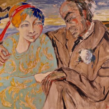 Painting titled "Le couple (banc ver…" by Dominique Bertrand, Original Artwork, Oil
