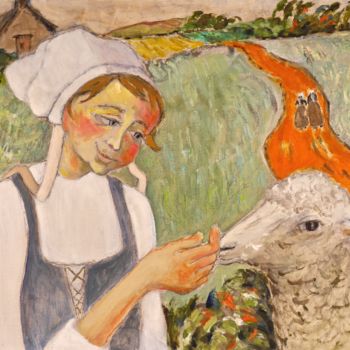 Schilderij getiteld "Bretonne et mouton" door Dominique Bertrand, Origineel Kunstwerk, Olie