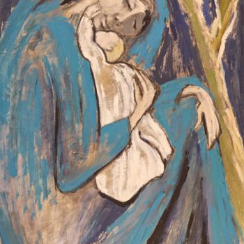 Peinture intitulée "Maternité bleue" par Dominique Bertrand, Œuvre d'art originale, Huile