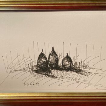 Drawing titled "LES TROIS POIRES" by Dominique Corti, Original Artwork, Ink Mounted on Other rigid panel