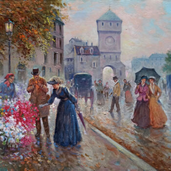 Painting titled "By the florist - Pa…" by Domenico Ronca, Original Artwork, Oil Mounted on Wood Stretcher frame