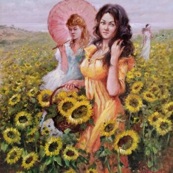 Pittura intitolato "Girls between sunfl…" da Domenico Ronca, Opera d'arte originale, Olio Montato su Telaio per barella in l…