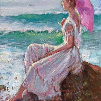 Картина под названием "Girl on the beach r…" - Domenico Ronca, Подлинное произведение искусства, Масло Установлен на Деревян…