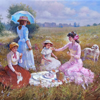 Painting titled "Picnic for women on…" by Domenico Ronca, Original Artwork, Oil Mounted on Wood Stretcher frame