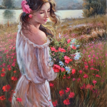 Картина под названием "Girl with flowers" - Domenico Ronca, Подлинное произведение искусства, Масло Установлен на Деревянная…