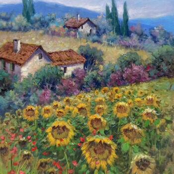 Картина под названием "Landscape with sunf…" - Domenico Ronca, Подлинное произведение искусства, Масло Установлен на Деревян…