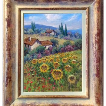 Painting titled "Landscape with sunf…" by Domenico Ronca, Original Artwork, Oil Mounted on Wood Stretcher frame