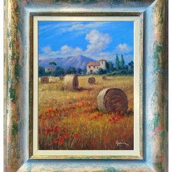 Painting titled "Summer countryside…" by Domenico Ronca, Original Artwork, Oil Mounted on Wood Stretcher frame