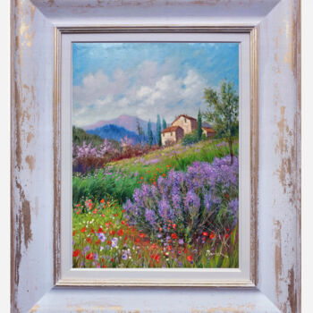 Painting titled "Spring countryside…" by Domenico Ronca, Original Artwork, Oil Mounted on Wood Stretcher frame