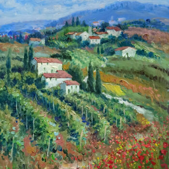 Painting titled "Vineyard valley - T…" by Domenico Ronca, Original Artwork, Oil Mounted on Wood Stretcher frame