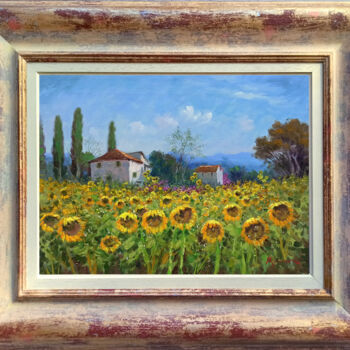 Painting titled ""HOUSES AMONG SUNFL…" by Domenico Ronca, Original Artwork, Oil Mounted on Wood Stretcher frame
