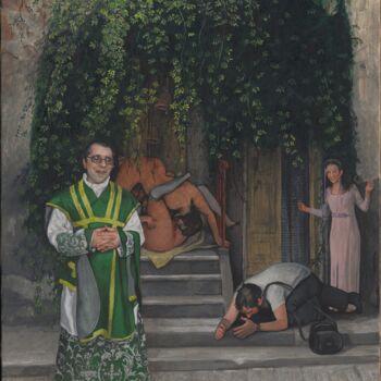 Painting titled "orgia con presbitero" by Domenico Ventura, Original Artwork, Oil Mounted on Wood Stretcher frame